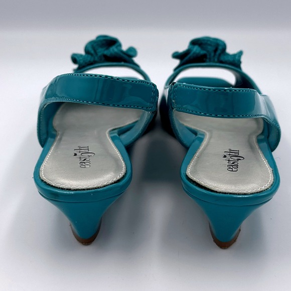 Vintage East 5th Teal Slingback Peep Toe Wedge Floral Bow Heels Women's Size 8M - Picture 3 of 7